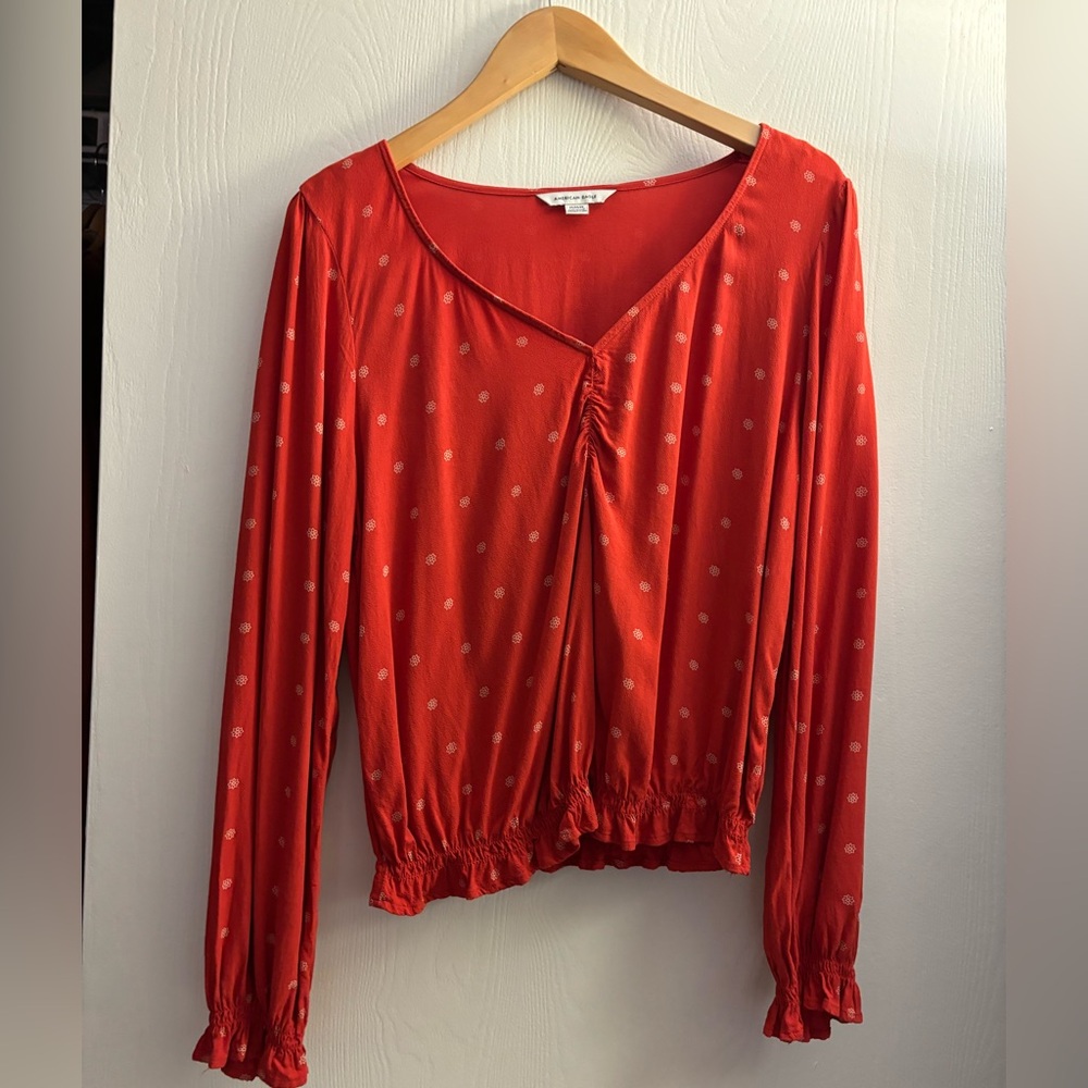 American Eagle burnt umber polka dot blouse.